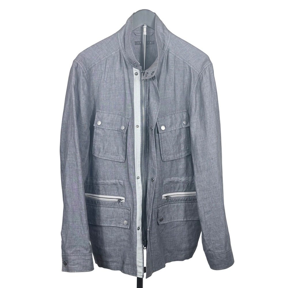 Theory Haben Coben Field Jacket Mens M Grey Linen Zip Up Utility Lightweight - Picture 2 of 8